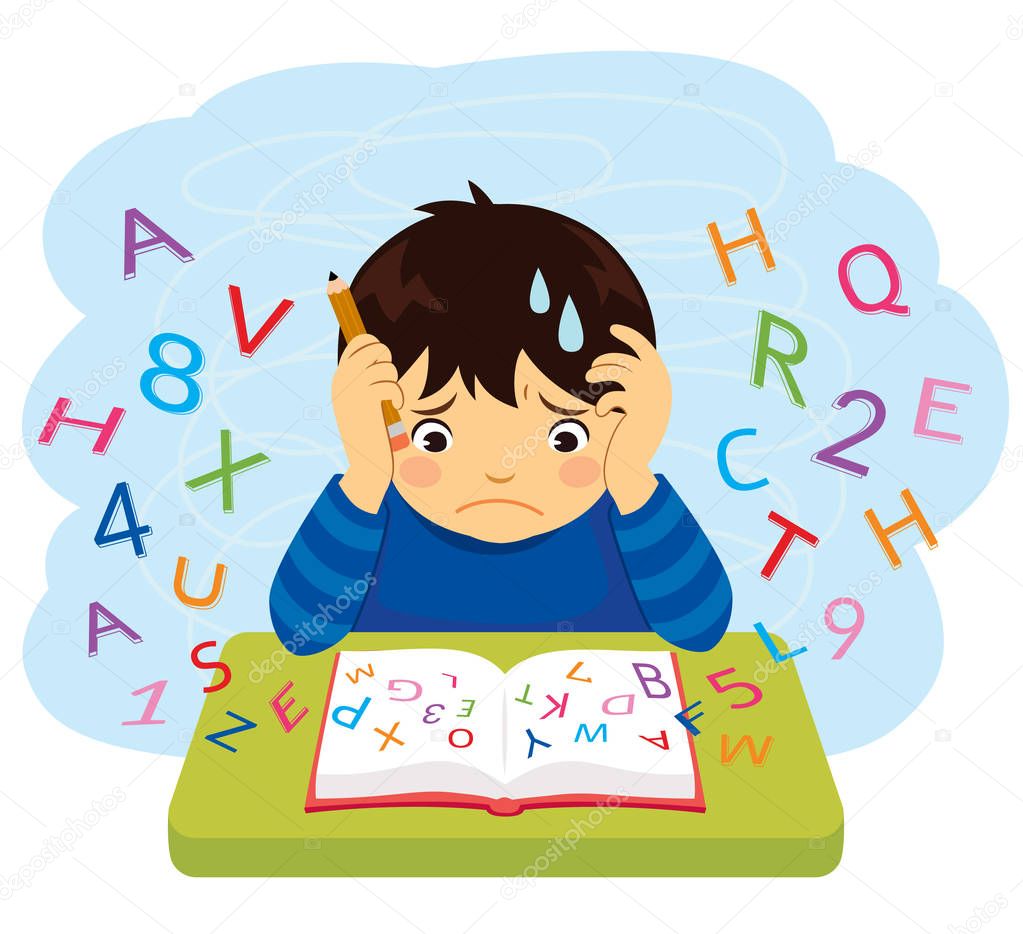 Confused kid looking at letters and numbers flying out of a book