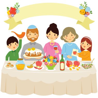 Mutlu aile rosh Hashanah veya Yahudi Yeni Yıl tatil sembolleri ile geleneksel bir akşam yemeğinde kutluyor.
