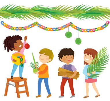 Çocuklar Sukkot ve asılı süslemeleri için bir stand bina