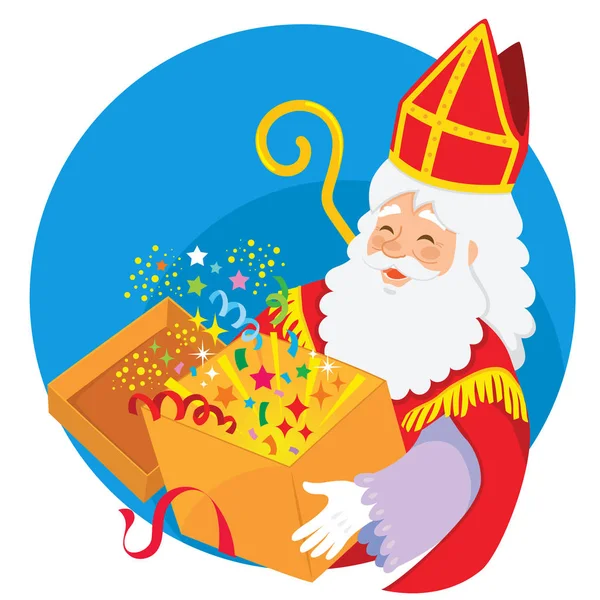 Happy Cartoon Sinterklaas Memegang Kotak Ajaib Kejutan Stok Ilustrasi 