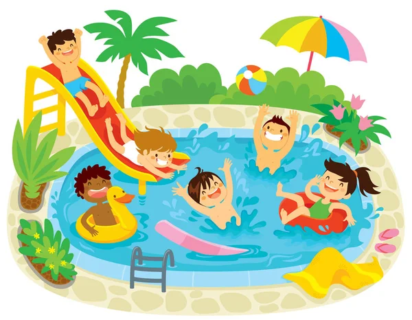 Niños Divirtiéndose Una Piscina Con Tobogán Flotadores — Vector de stock