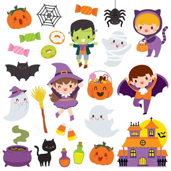 Jeu Cliparts Halloween Avec Des Personnages Dessins Animés Mignons Enfants — Image vectorielle
