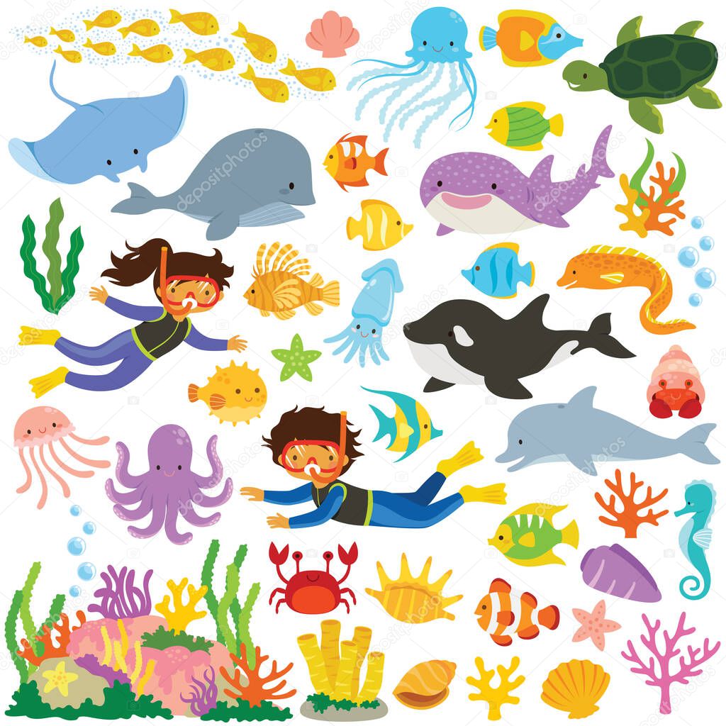 Sea animals clipart set. Big collection of cartoon cute sea creatures and divers.