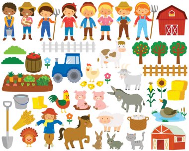 Farm life clipart set. Big collection of farm animals, farmers and items related to farming and agriculture. vector Farm life clipart set. Big collection of farm animals, farmers and items related to farming and agriculture. vector
