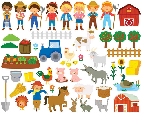 Farm life clipart set. Big collection of farm animals, farmers and items related to farming and agriculture. 