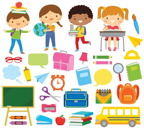 Clipart Set Écoliers Fournitures Scolaires — Image vectorielle