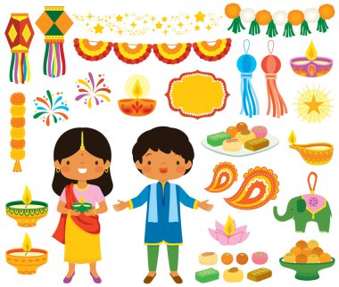 Diwali klip seti. Çocuklar, gaz lambaları, dekorasyonlar ve geleneksel şekerlerden oluşan Hint festivalinin çeşitli sembolleri..