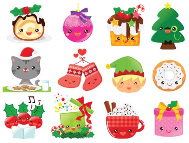 Noel karikatür sanatı seti. Bayram sembollerinin sevimli kawaii çizgi film karakterleri Noel ağacı, hediyeler, dekorasyonlar, pastalar ve Noel Baba elfleri..