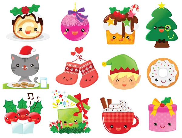 Weihnachten Cartoons Clip Art Set Nette Kawaii Cartoon Figuren Der — Stockvektor