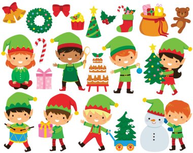 Noel elfleri toplandı. Farklı pozlarda şirin Noel Baba elfleri ve bir sürü Noel çizimi..