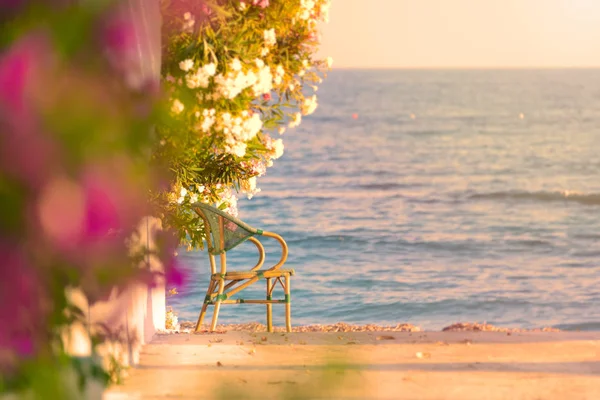 Belle Scène Avec Chaise Plage Avec Mer Coucher Soleil Ciel — Photo