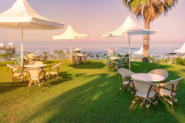 Plage Turquie Avec Herbe Verte Premier Plan Parasols Parasol Blanc — Photo