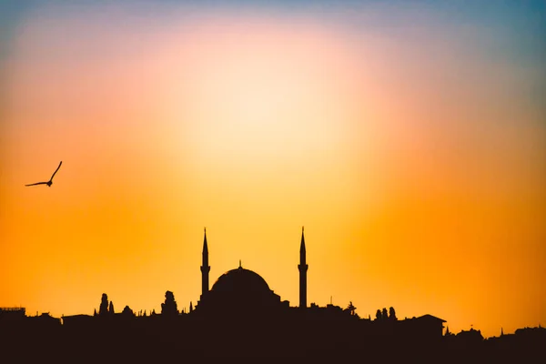 トルコのイスタンブールで夕暮れ時のシルエットをオスマン帝国モスク 都市のスカイラインの背景の空 — ストック写真