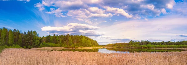 Pôr do sol sobre o lago com floresta. Céu azul e nuvens . — Fotografia de Stock