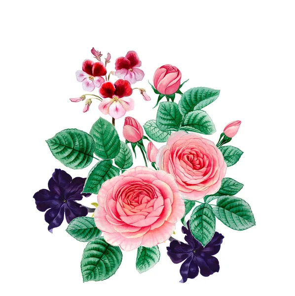 pembe ve mor çiçekler. sulu boya çiçekler. Şakayık şube. Gül dalı. izole bırakır.