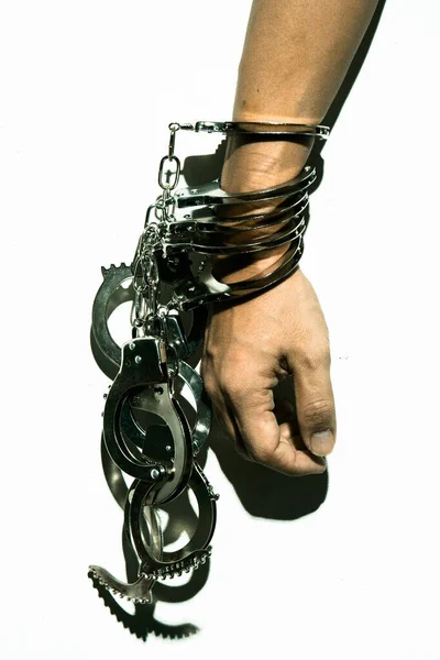 Harsh Lighting Image Hand Being Cuffed Many Handcuffs Conceptual Image — Stock Photo, Image