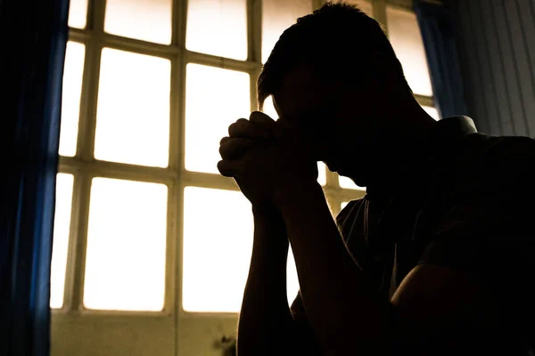 Silhouette Man Praying Rectangular Window Frames Background — Stock Photo, Image