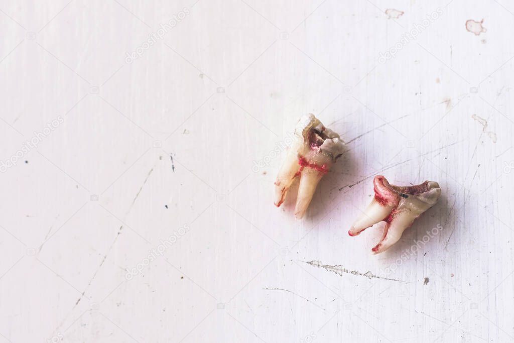 Caries on wooden white ground with a bit of blood stain