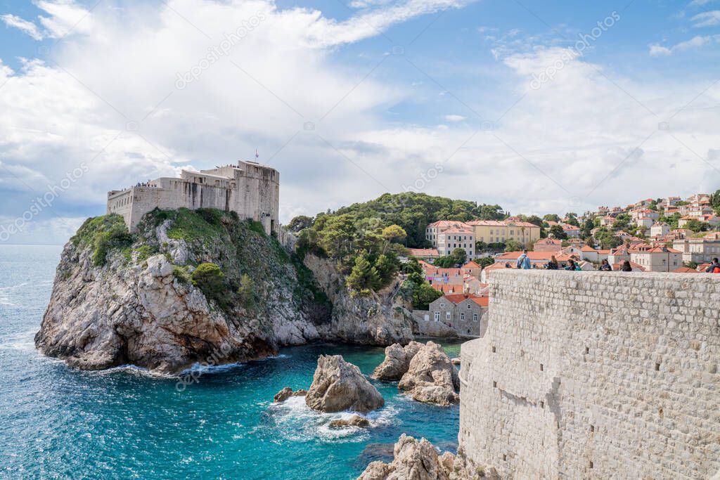 View of Dubrovnik Fortresses Lovrijenac and Bokar seen from south old walls. Croatia. South Dalmatia