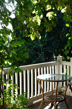 Ağaçlar ve yapraklarla çevrili balkonun yanındaki masa.