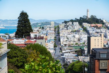 San Francisco ufuk çizgisi Lombard Caddesi 'nde şehir merkezindeki San Francisco Körfezi' ne doğru Fisherman 's Wharf and Coit Tower' ı gösteriyor.