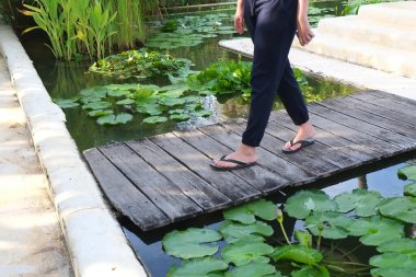 Küçük bir adamın üzerinde yürüyorum. Kaplıcadaki nilüfer havuzunda.