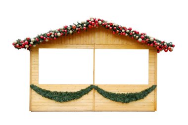 Beyaz arka planda izole edilmiş Noel dekorasyonlu ahşap kulübe