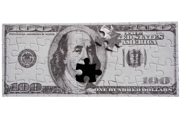 Dollar Bill Jigsaw Isolado Fundo Branco Imagem Conceitual Ganhando Dinheiro — Fotografia de Stock