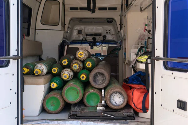 Oxygen tanks in the back of ambulance van