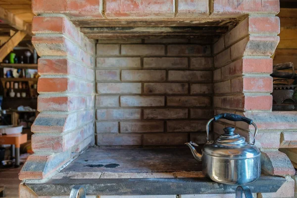 Brick Fireplace Kettle Produce Warmth — Stock Photo, Image