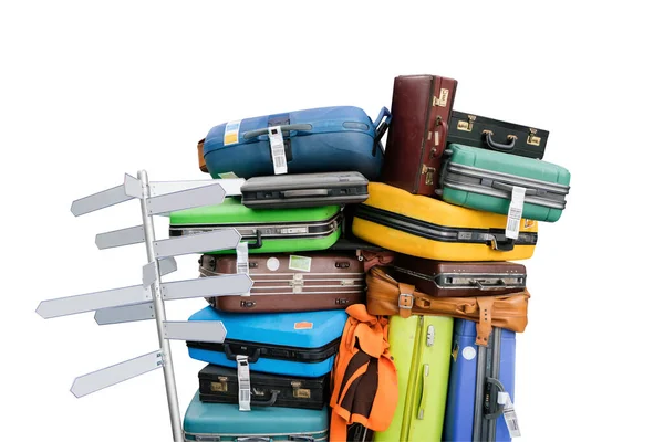 Travelling Suitcases Piled Empty Direction Sign Pole Isolate White — Stock Photo, Image