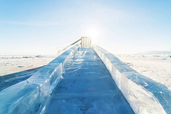 Slider made of ice at Lake Baikal, Russia. Activities on lake during winter