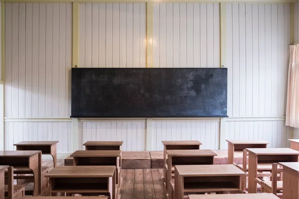 Chalkboard Front Vintage School Class Wooden Student Desks Chairs — Stock Photo, Image