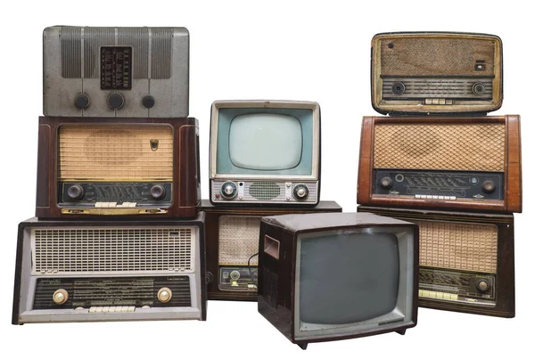Velhos Rádios Vintage Televisores Isolados Fundo Branco Com Caminho Recorte — Fotografia de Stock