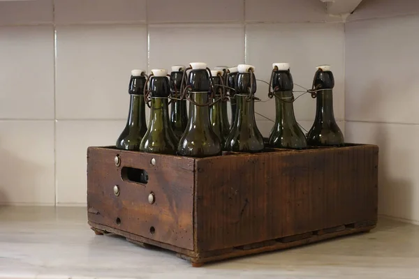 Vintage Style Bottle Wooden Box Kitchen Decoration — Stock Photo, Image
