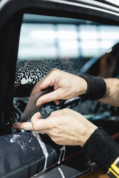Specialist Does Window Tinting Car — Stock Photo, Image