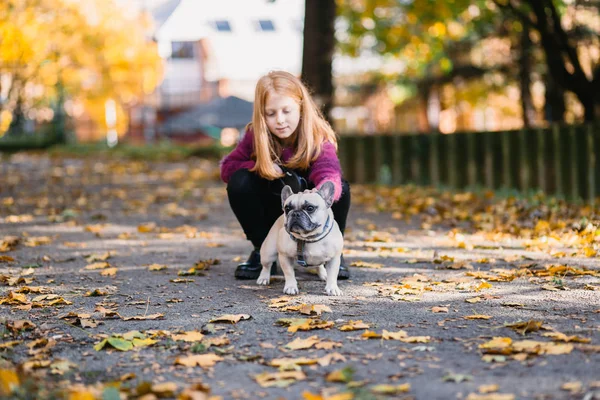 Gyönyörű Fiatal Vöröshajú Lány Parkban Francia Bulldog — Stock Fotó