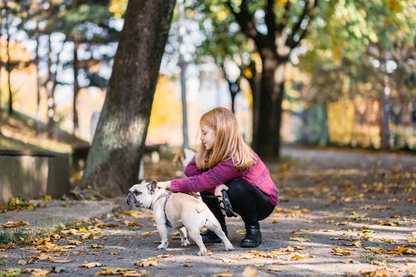 Gyönyörű Fiatal Vöröshajú Lány Parkban Francia Bulldog — Stock Fotó