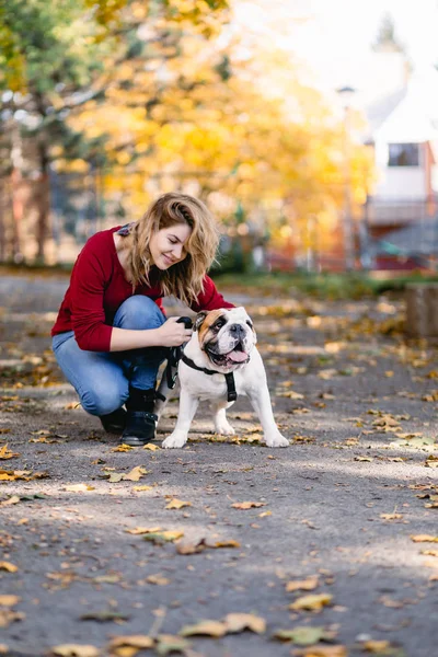 Ładna Kobieta Korzystających Parku Jej Adorable Buldog Angielski Czas Jesieni — Zdjęcie stockowe