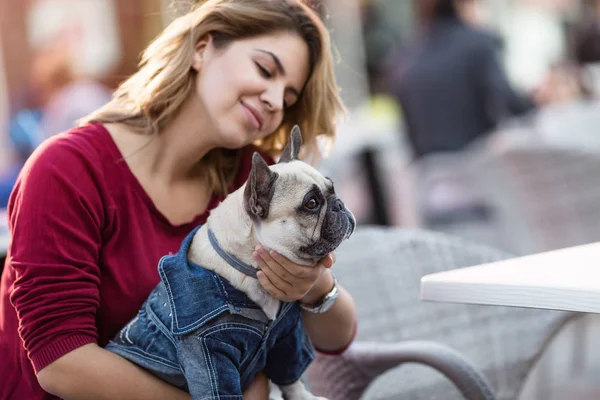 Beautiful Woman Holding Adorable Fawn French Bulldog Her Lap Cafeteria — Stock Photo, Image