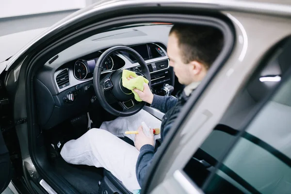 Man Cleaning Car Interior Car Detailing Valeting Concept — Stock Photo, Image