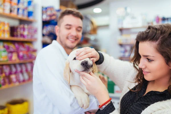 Jonge Vrouw Met Haar Labrador Retriever Puppy Veterinair — Stockfoto