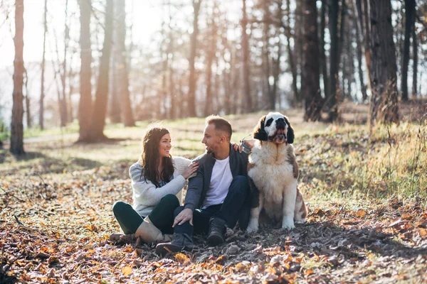 Jovem Casal Desfrutando Juntos Natureza Com Seu Filhote Cachorro Saint — Fotografia de Stock