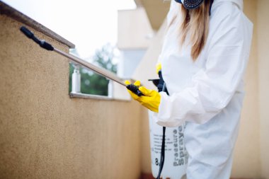 İşteki ilaçlamacı ilaçlama için sprey sıkar.