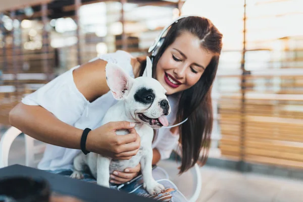 Beautiful Young Girl Holding Adorable White French Bulldog Puppy Her — Stock Photo, Image