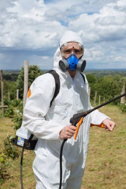 Tarım ilaçlama - işçi yabancı ot kontrolü ve ambrosia sahada Püskürtme koruyucu iş giysisi. 