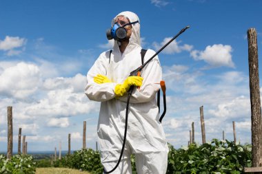 Tarım ilaçlama - işçi yabancı ot kontrolü ve ambrosia sahada Püskürtme koruyucu iş giysisi. 