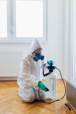 İşteki ilaçlamacı ilaçlama için sprey sıkar.