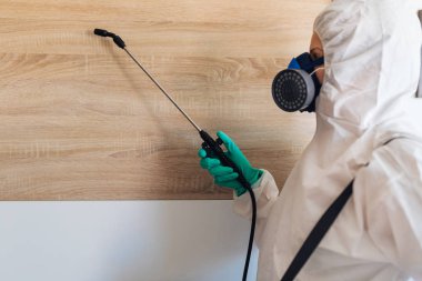 İşteki ilaçlamacı ilaçlama için sprey sıkar.