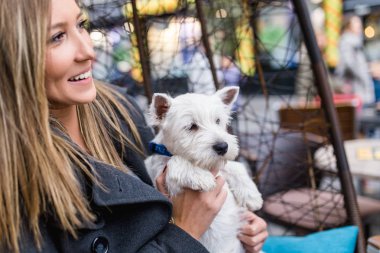 Güzel genç kadın sevimli westie köpek yavrusu ile kafeteryada zevk.